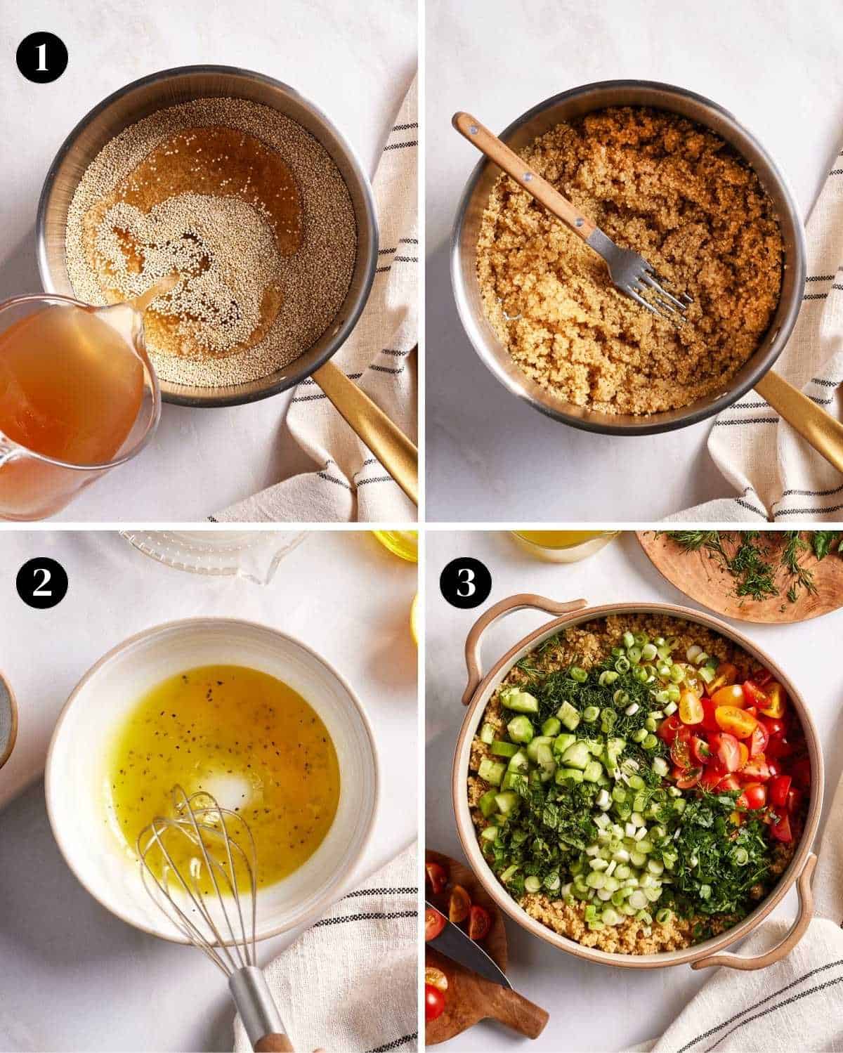 A collage of images showing how to cook quinoa and make the dressing.