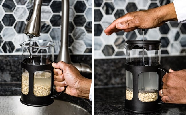 Washing quinoa using a French press without a sieve