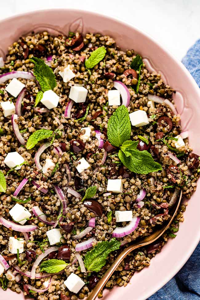 Quinoa Lentil Salad placed in a bowl garnished with fresh mint
