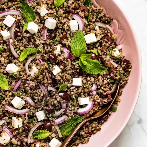 A large bowl of Quinoa Lentil Salad Recipe