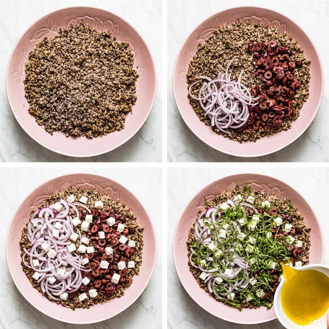 Showing steps of assembling quinoa and lentil salad