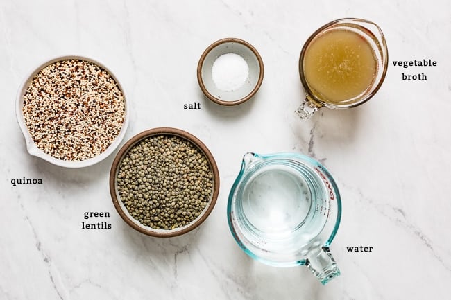 Ingredients to cook lentils and quinoa together in one pot