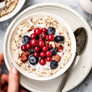 Steel cut overnight oats in a bowl from the top view.