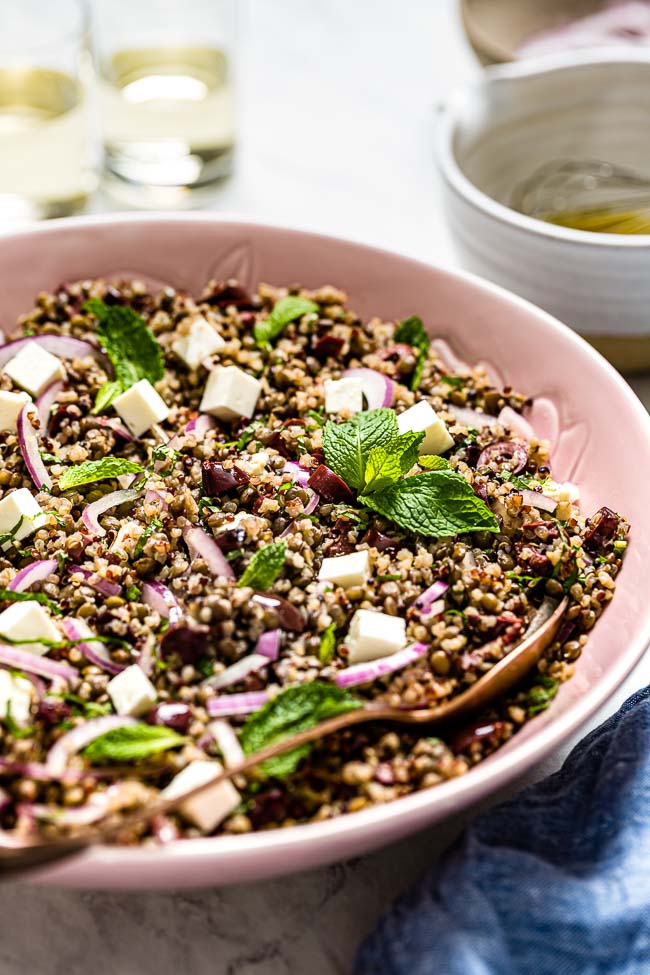 Lentil and Quinoa Salad close up with mint garnish