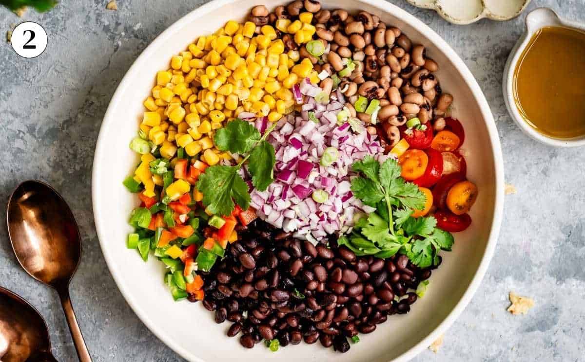 Cowboy caviar salad from the top view in a bowl.