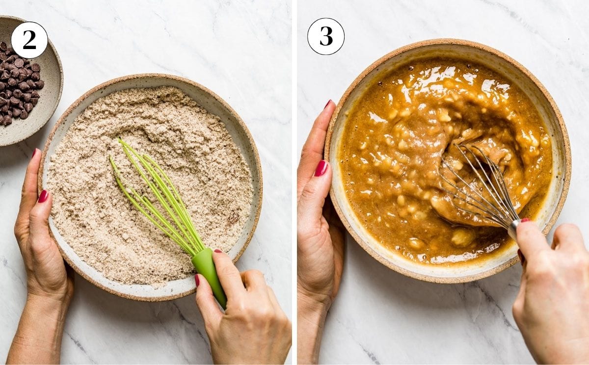 A collage of images showing the mixing of dry ingredients and wet ingredients for making banana bread with almond flour.