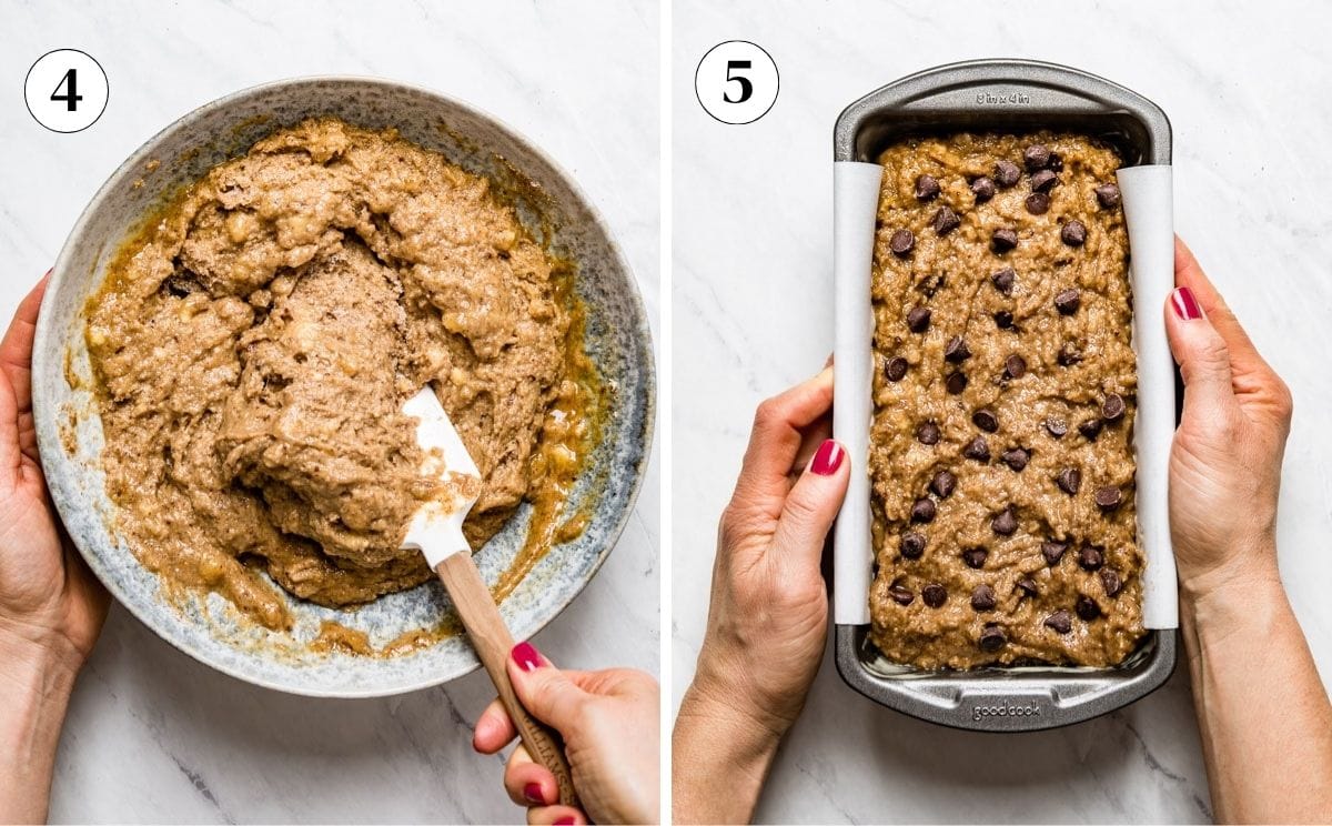 Two photos showing the mixing of the batter and placing it in a loaf pan.