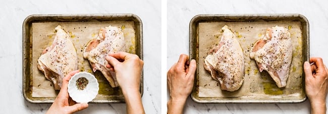 A woman is seasoning the chicken