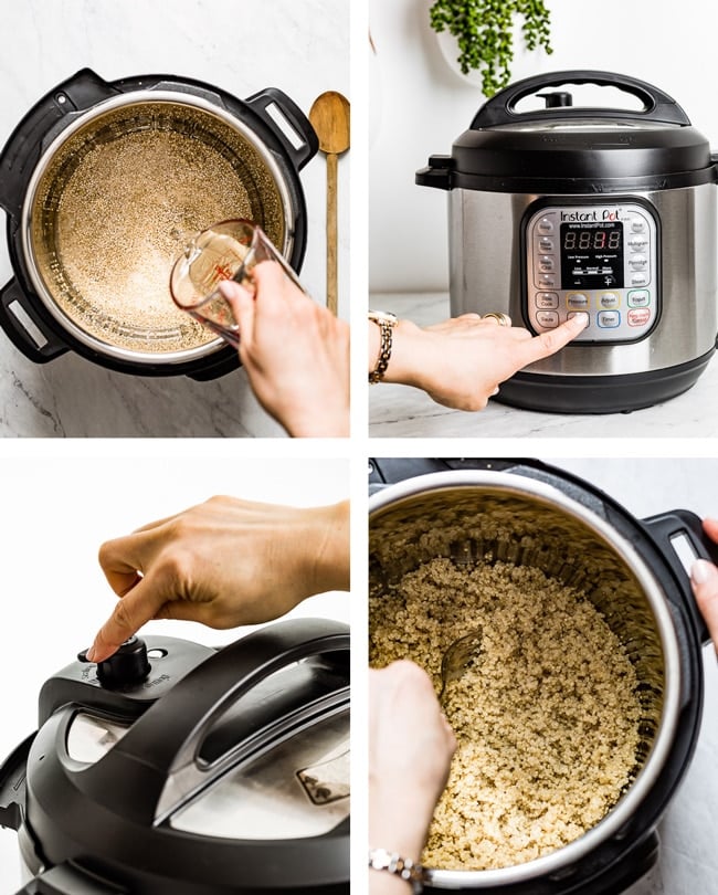 Person showing how to cook quinoa in an instant pot with step by step photos