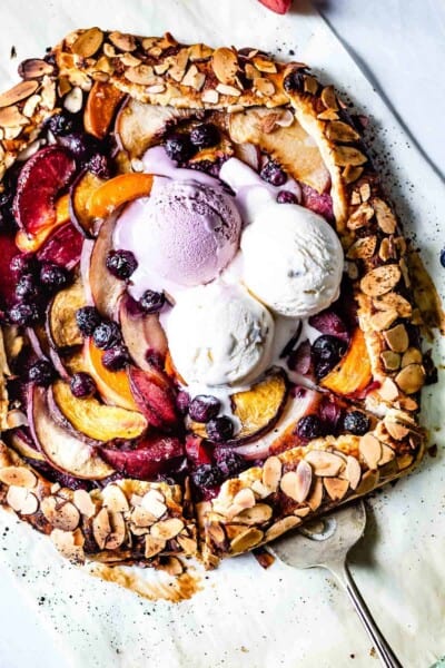 peach blueberry galette topped off with ice cream