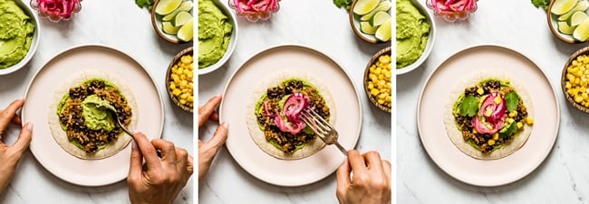 A woman is assembling vegan bean tacos