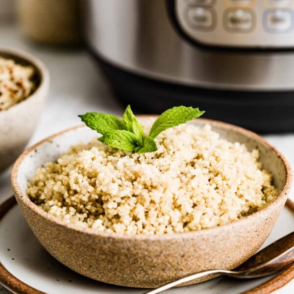 A bowl of cooked quinoa in front of a pressure cooker