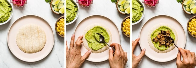 A woman is spreading vegan quinoa tacos with avocado crema and taco bean filling.