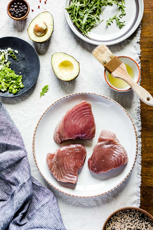 Ingredients for pan seared tuna steak salad