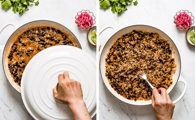 A woman is fluffing quinoa for vegan black bean tacos