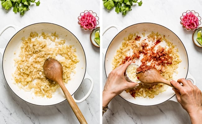 Steps for bean taco filling - cooking onion in a pan