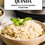 a bowl of cooked quinoa in front of a pressure cooker