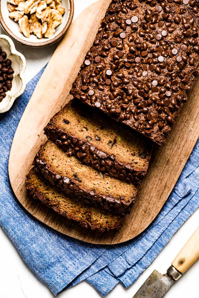 A sliced paleo chocolate almond flour zucchini bread from the top view