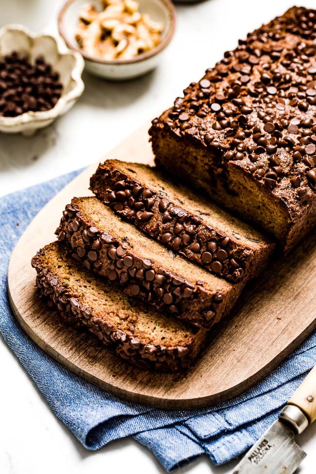 A sliced Paleo Zucchini Bread with almond flour no banana from the front view