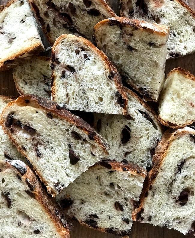 Sliced olive bread photographed close up