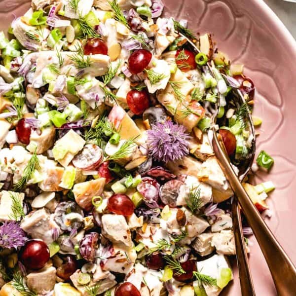 Greek Yogurt Chicken salad with apples, grapes, and avocados photographed from the top view