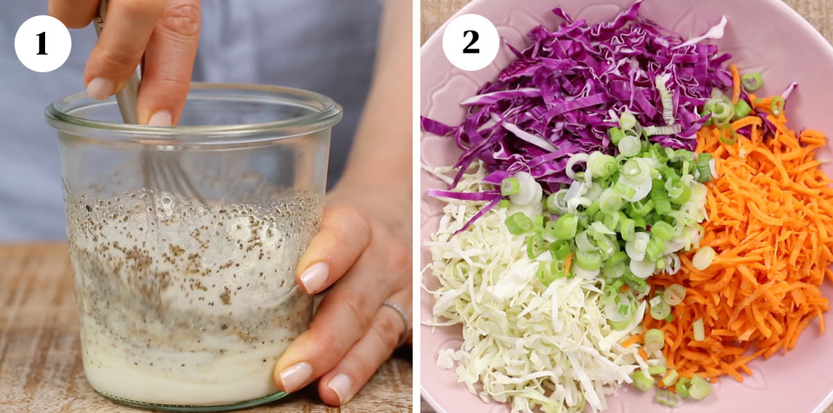 Whisking greek yogurt coleslaw dressing in a jar, next to shredded green and red cabbage, carrots, and green onions on a plate.