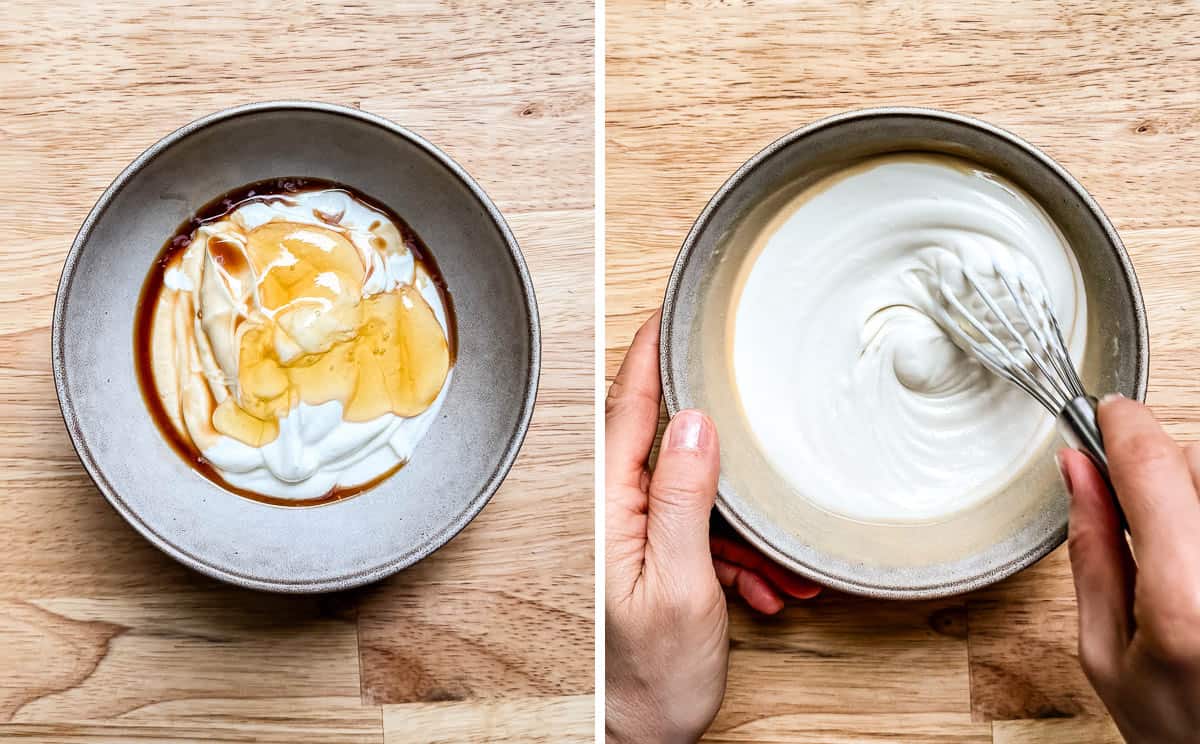 Person showing how to make yogurt fruit dip.