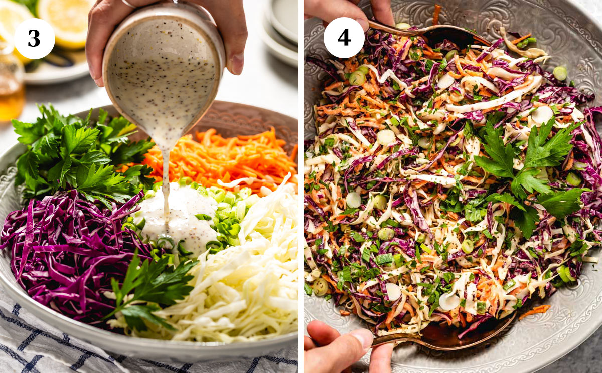 Pouring dressing over cabbage, carrots, and herbs, then tossing to make greek yogurt coleslaw.