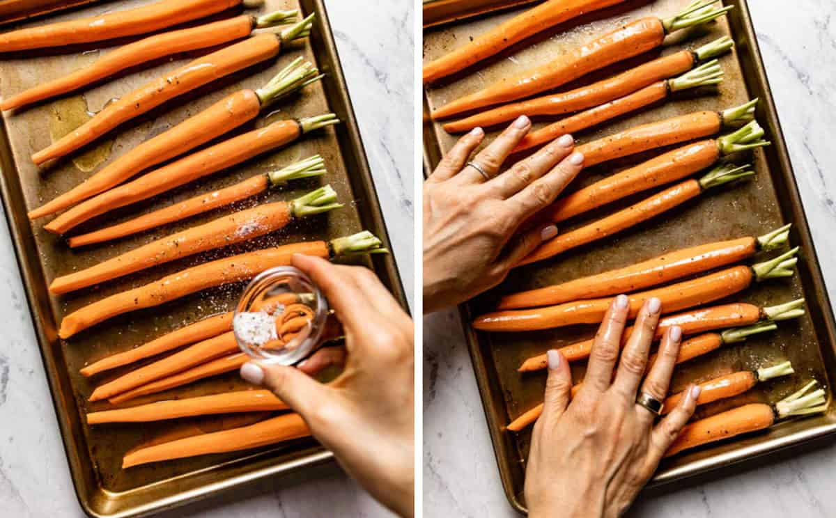 Steps showing how to season carrots to bake in the oven.