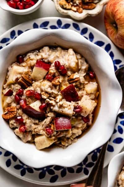 Apple cinnamon oatmeal in a bowl topped with apple oatmeal toppings.