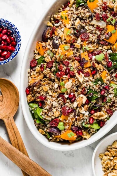 Healthy Thanksgiving recipes Butternut Squash Quinoa in an oval bowl from the top view