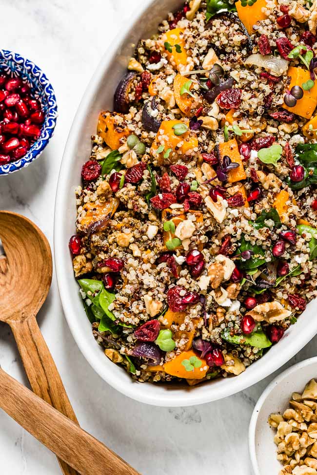 Butternut Squash Quinoa in an oval bowl from the top view