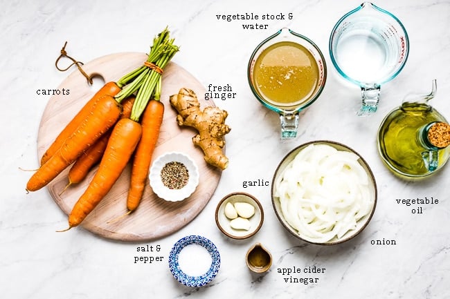 ingredients for carrot soup laid out