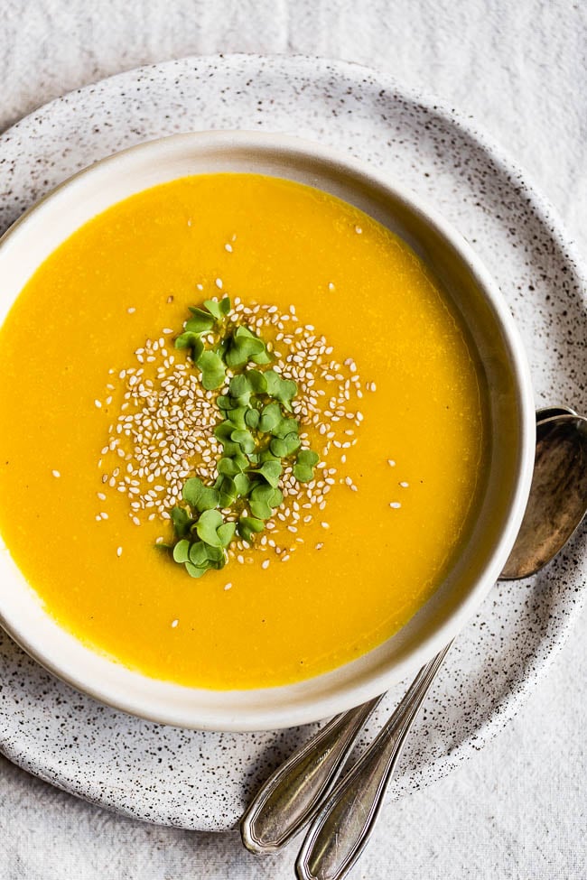 Kabocha squash soup in a bowl from the top view