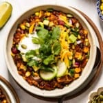 Quinoa chili in a bowl from the top view
