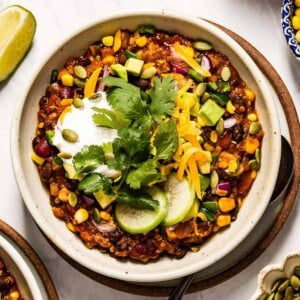 Quinoa chili in a bowl from the top view