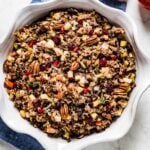 Wild rice stuffing recipe served in a casserole dish from the top view