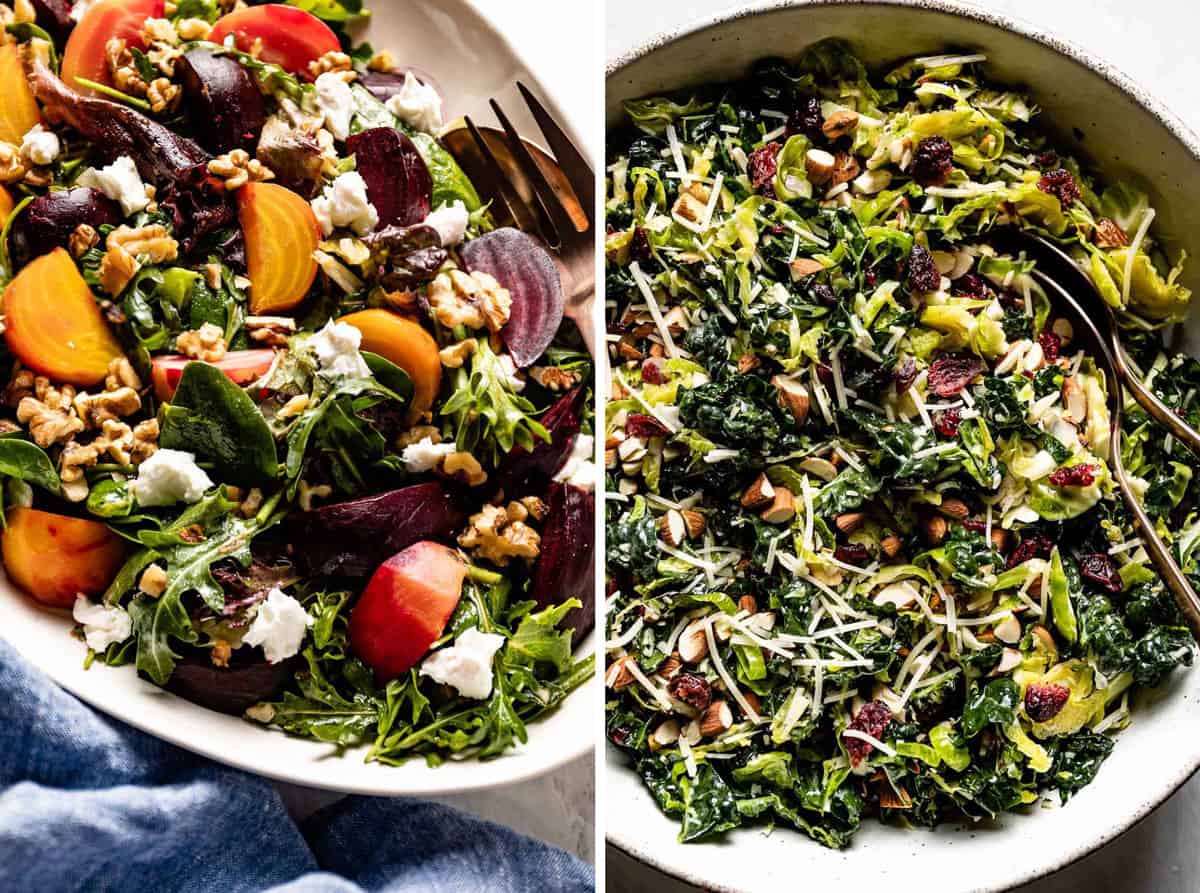 Roasted Beet salad and kale brussel sprout salad side by side.