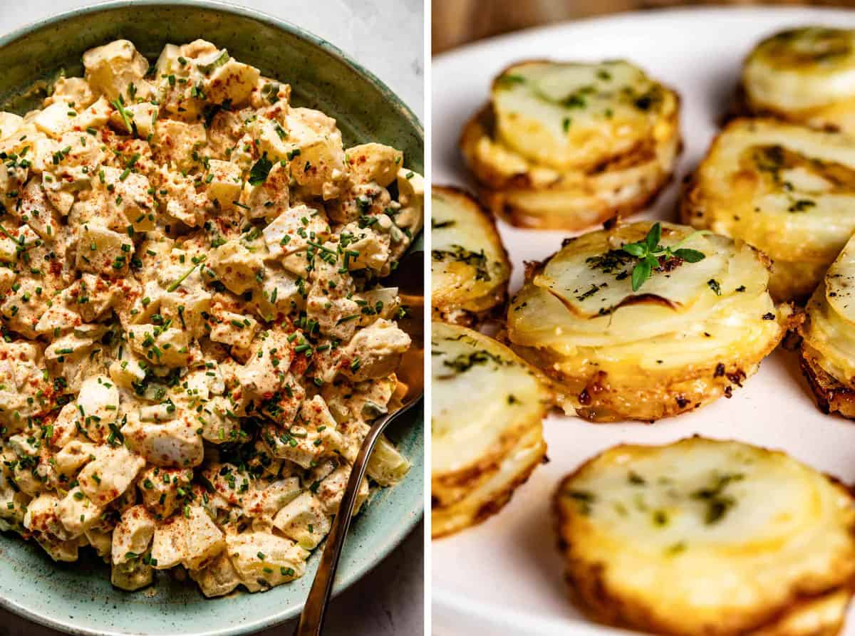 Deviled egg potato salad and muffin tin potatoes in a collage.