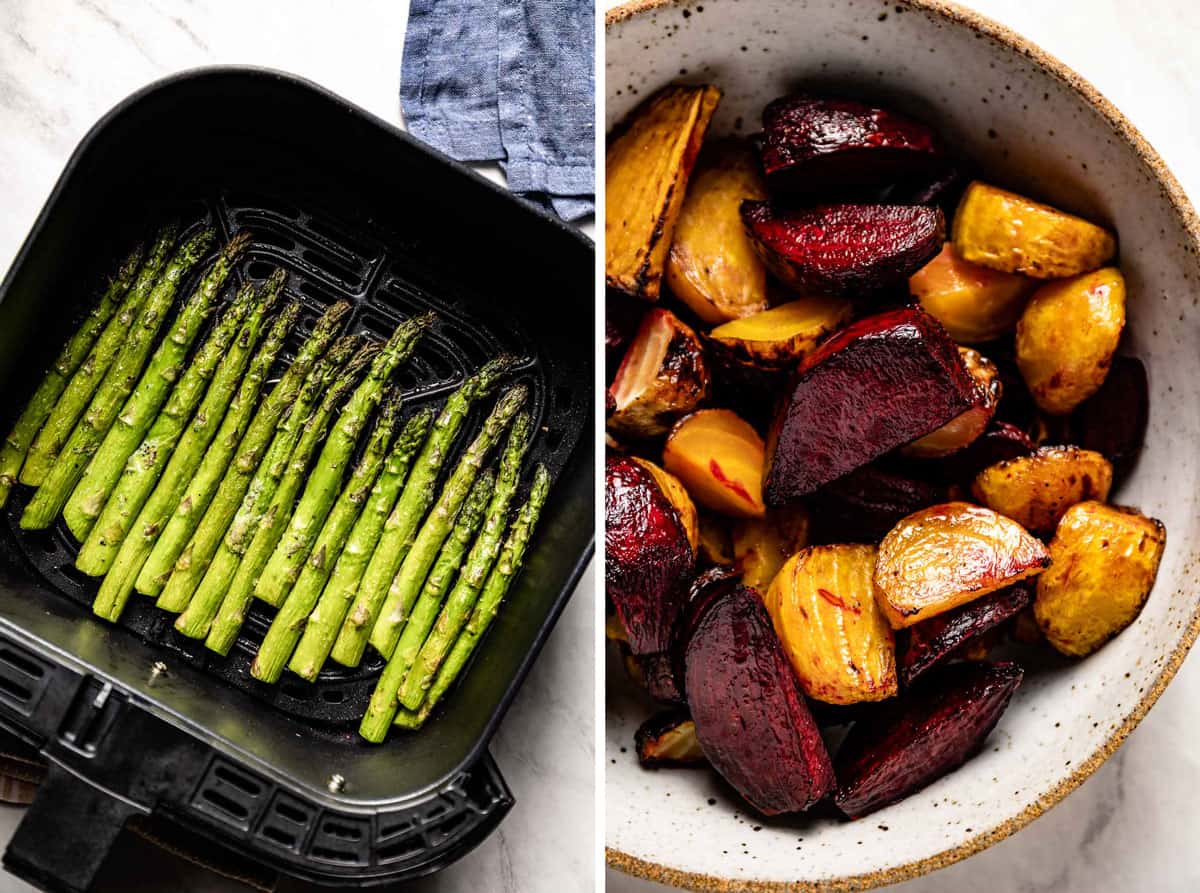 Air fried asparagus and air fryer beets from the top view.