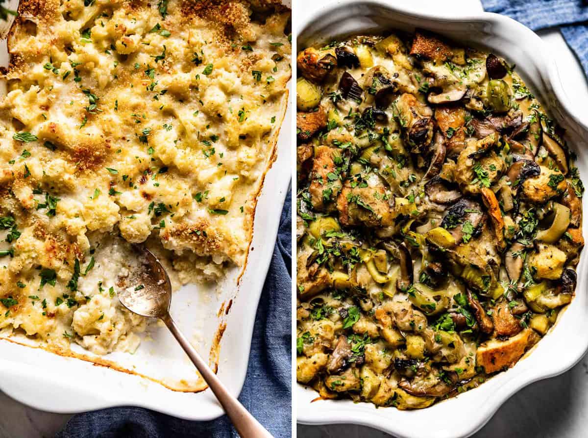 Cauliflower au gratin and wild rice mushroom stuffing side by side.