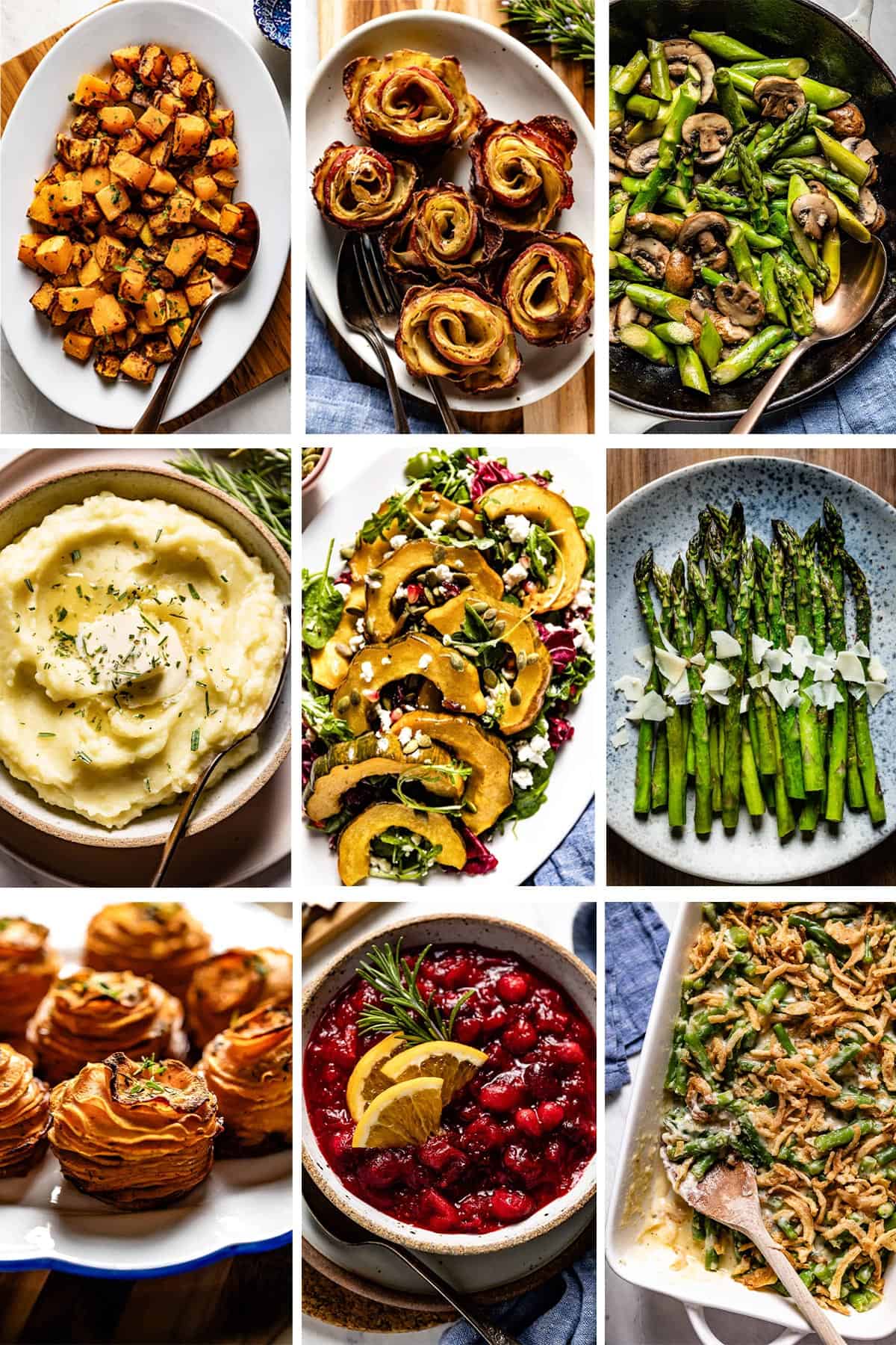 A collage of images showing side vegetables for Thanksgiving dinner.