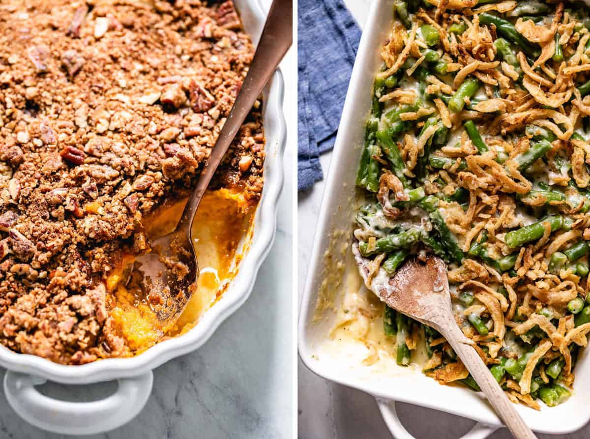 Sweet potato casserole and green bean casserole side by side.