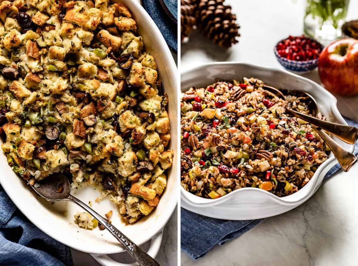 Chestnut stuffing and wild rice stuffing side by side.