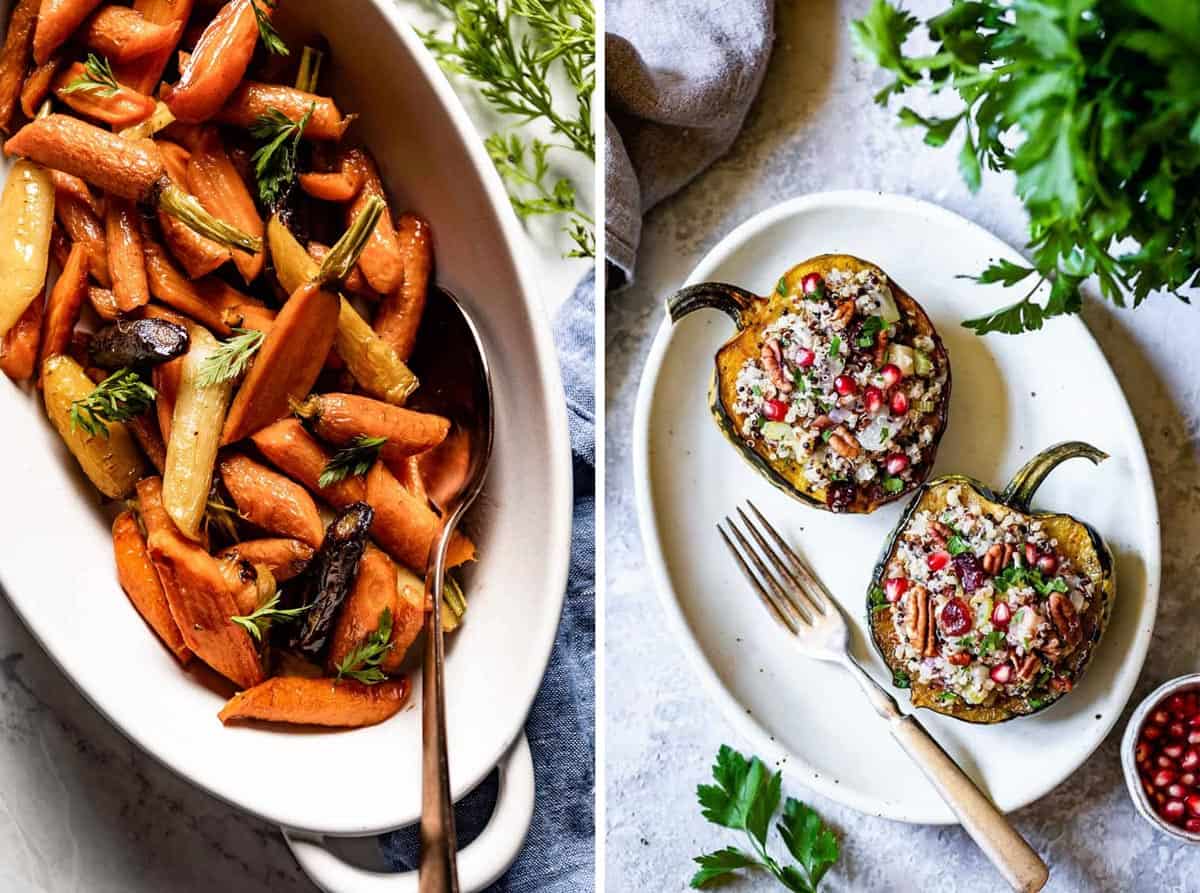 Two vegetarian sides for Thanksgiving in a collage.