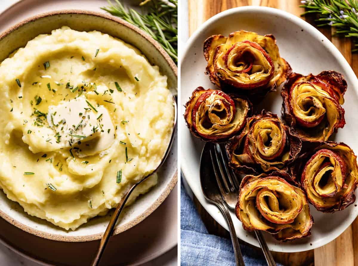 Mashed potatoes and potato roses side by side.