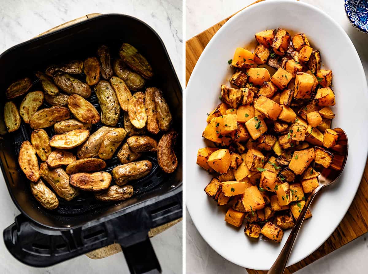 Air fried potatoes and butternut squash in a collage.