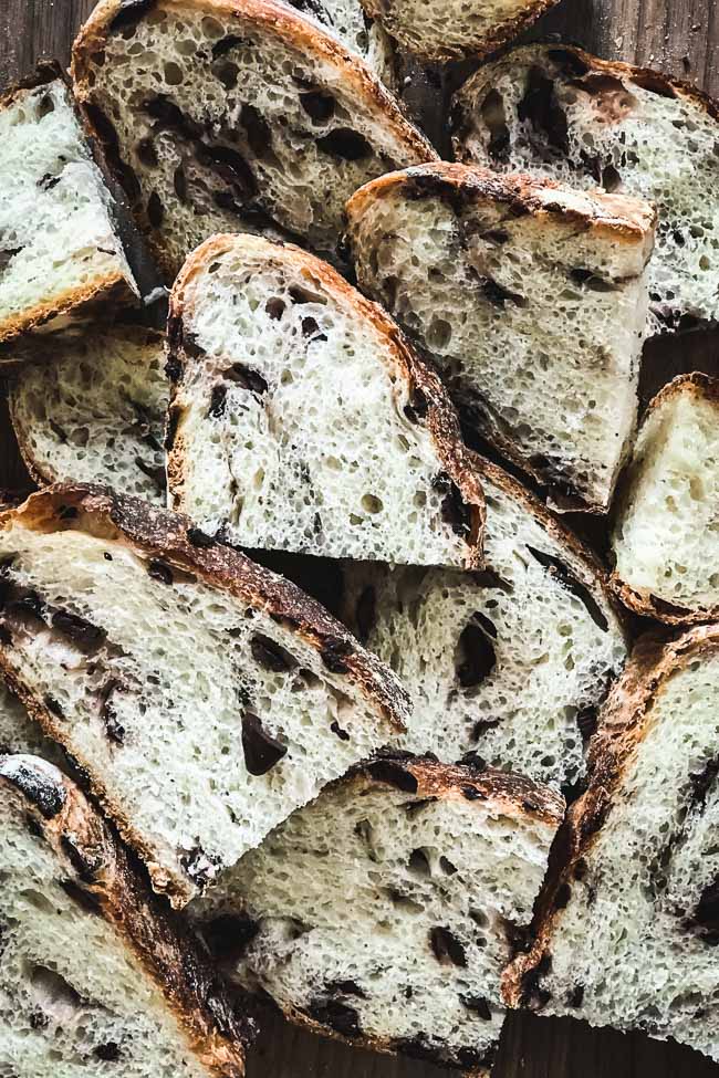 No knead olive bread slices close up