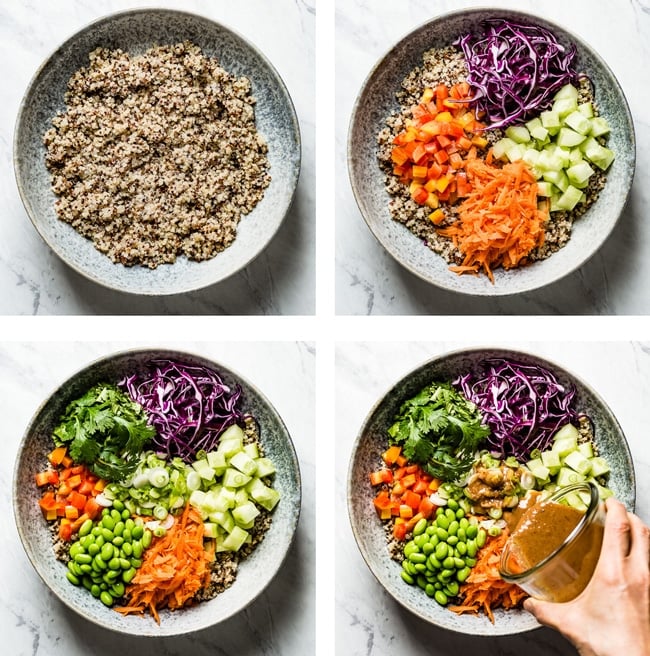 How to make Thai Style Quinoa Salad shown in 4 photos in a collage