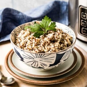 a bowl of quinoa cooker in rice cooker garnished with parsley